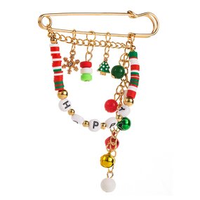 Christmas Brooch Supplier - Red Green Crystal Happy Holidays Lapel Pins Bells