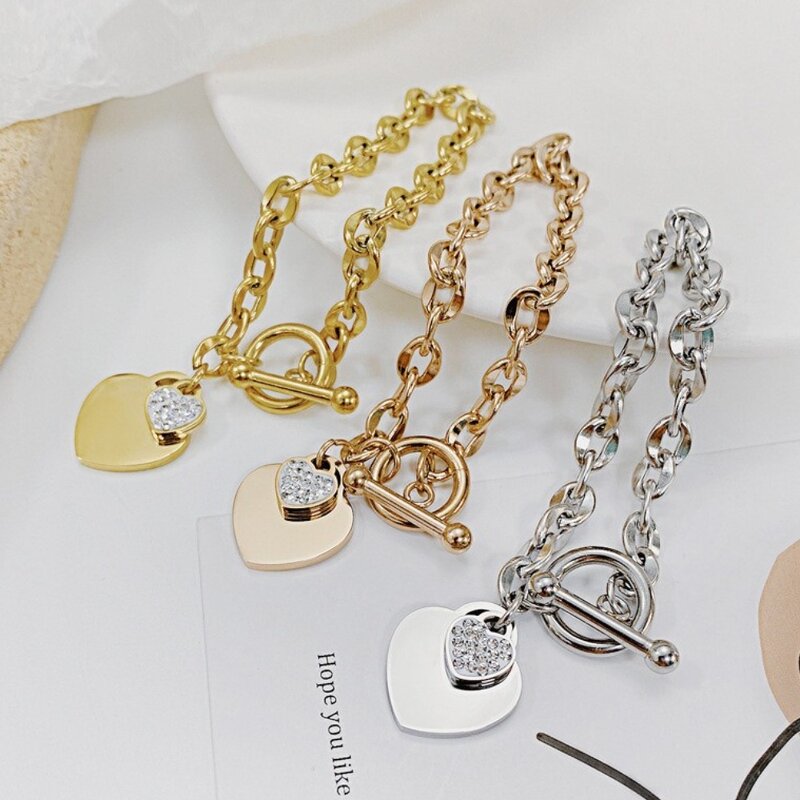 Metal Charm Bracelet Supplier - Gold Plating Big Heart with Crystal Stone