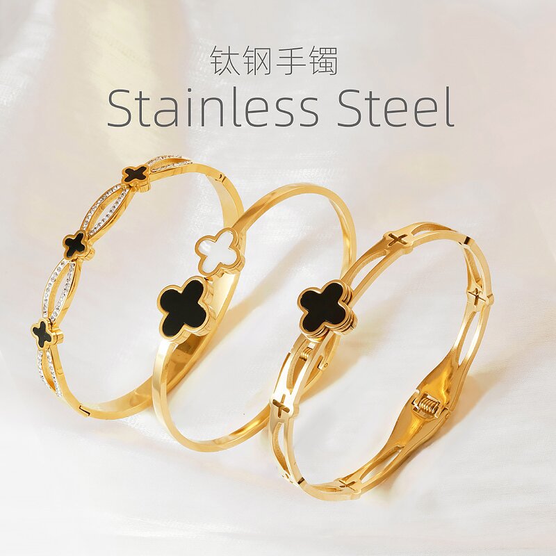 Five Leaves Clover Bracelet Factory - Gold Plated Stainless Steel Lucky Adjustable