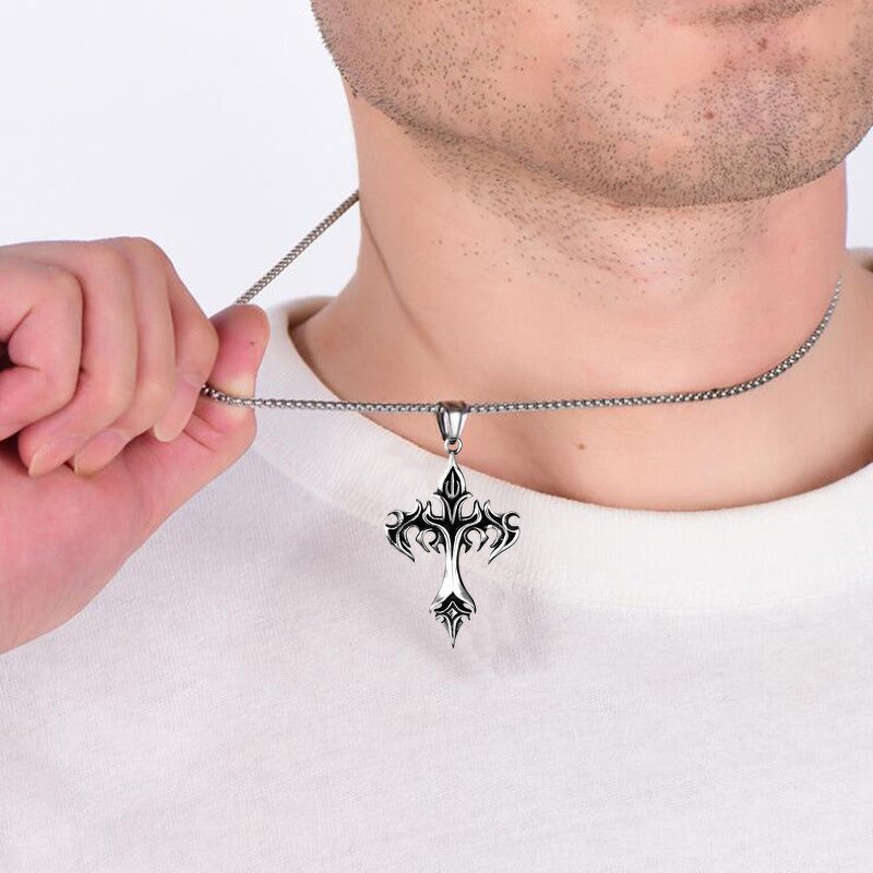 Cross Necklace Supplier - Rock Hip Hop Punk Stainless Steel Flame Retro