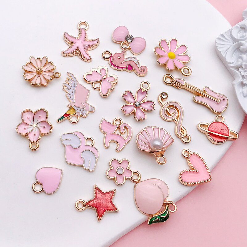 Pink Enamel Charms Factory - Alloy Animal Flowers Heart Pendants DIY Jewelry