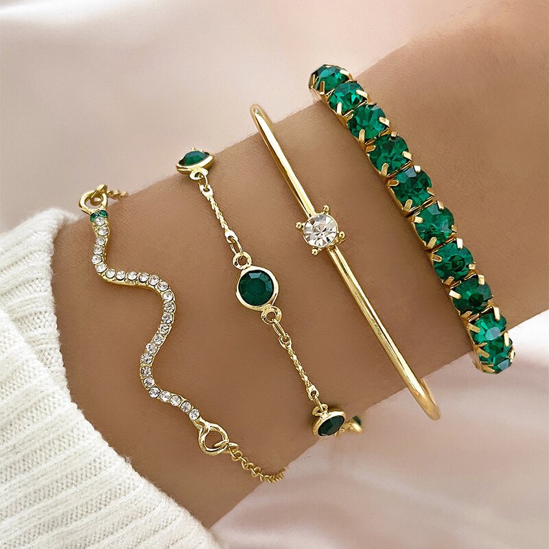 Gemstone Bangle Supplier - Fashion Snake Green Rhinestone Full Metal Women