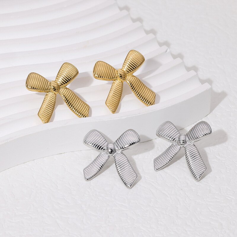 Bow Knot Earring Factory - Fashion Stud 18K Gold Plated Stainless Steel Chain