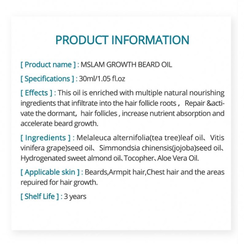 Pure Organic Herbal Essential Oil Men's Beards Natural Hair Growth Promoter Oil Vegan OEM for Personal Care Beard Growing Oil