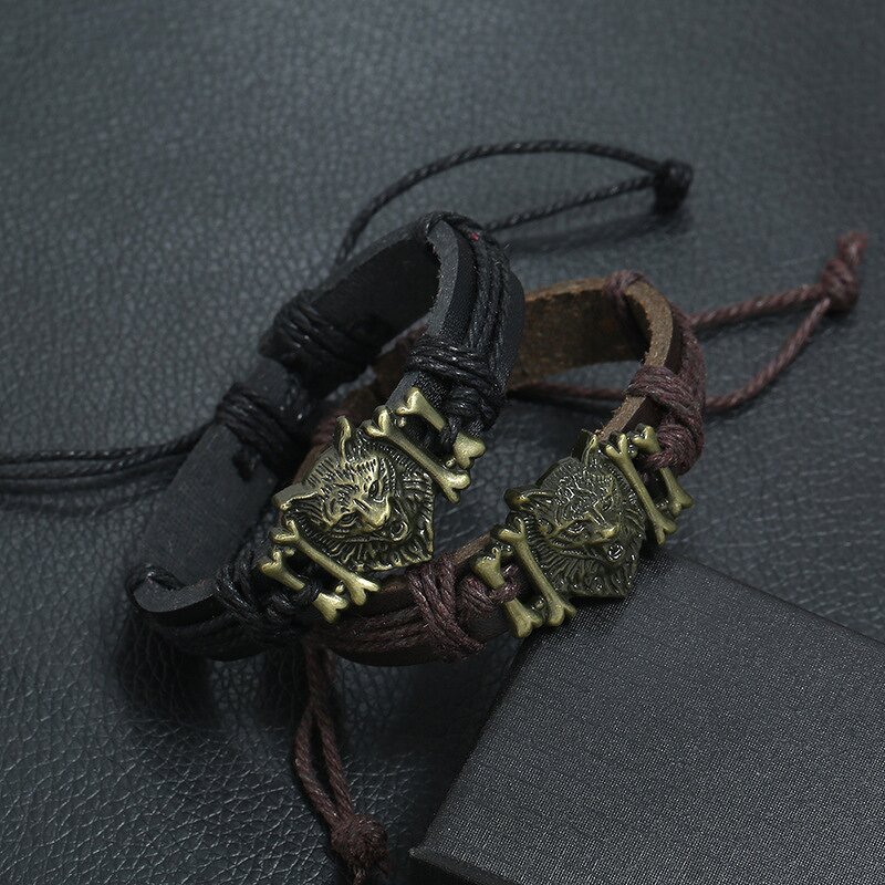 Punk Bracelet Factory - Wolf Head Cowhide Woven Bracelet