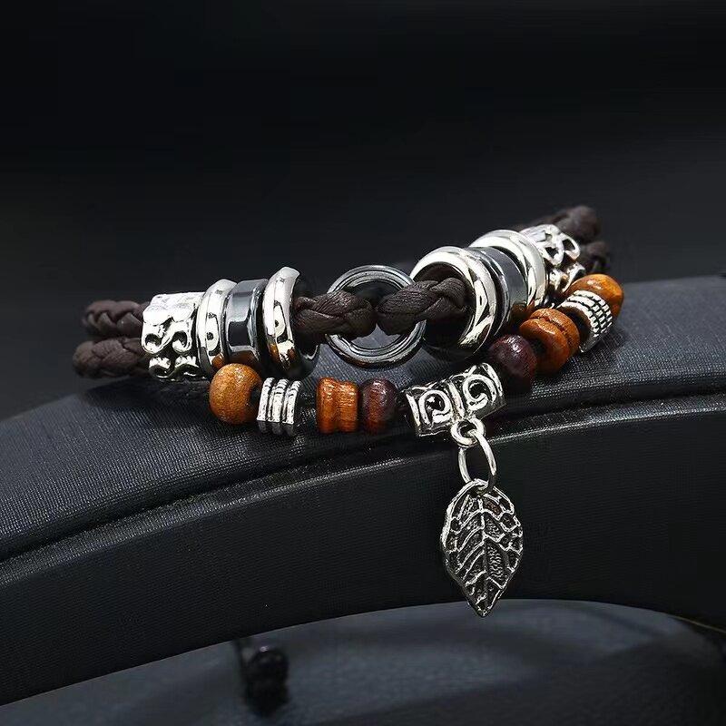 Leather Bracelet Factory - Multi-Layer Beaded Leaf Bracelet