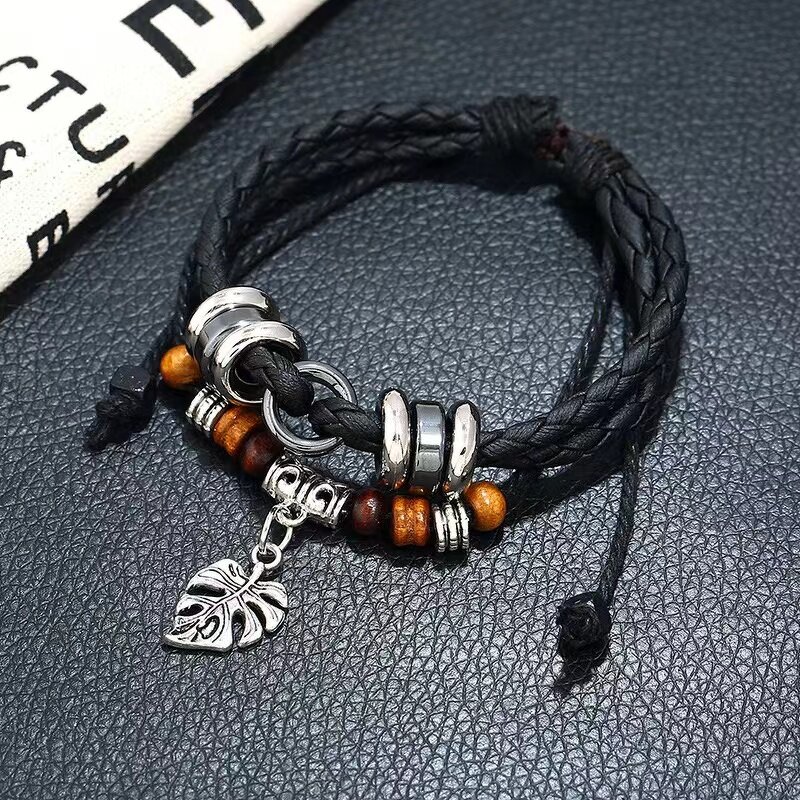 Leather Bracelet Factory - Multi-Layer Beaded Leaf Bracelet