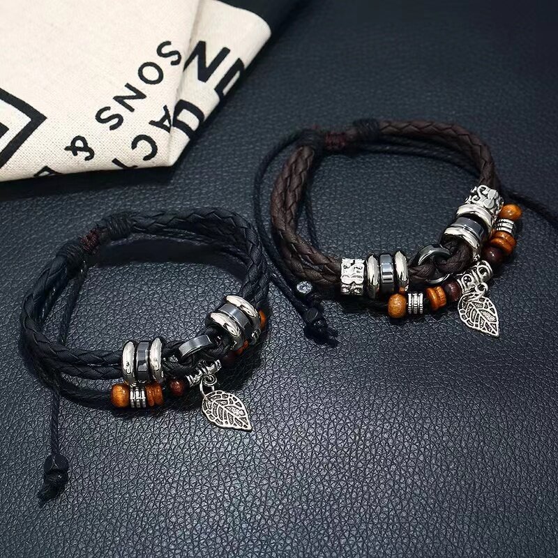 Leather Bracelet Factory - Multi-Layer Beaded Leaf Bracelet