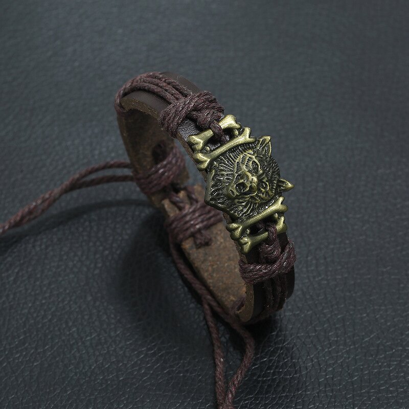 Punk Bracelet Factory - Wolf Head Cowhide Woven Bracelet