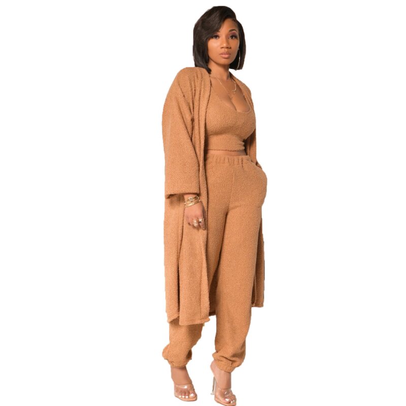 Women's Fuzzy 3 Piece Lounge Sets Sweatsuits Open Front Cardigan Crop Tank Tops Wide Legs Pants Outfits