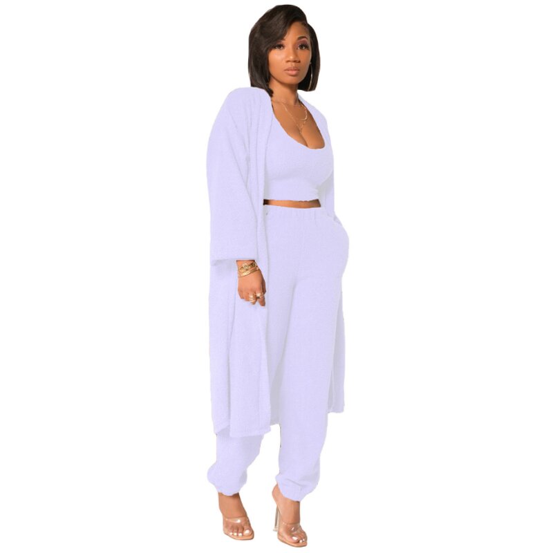Women's Fuzzy 3 Piece Lounge Sets Sweatsuits Open Front Cardigan Crop Tank Tops Wide Legs Pants Outfits