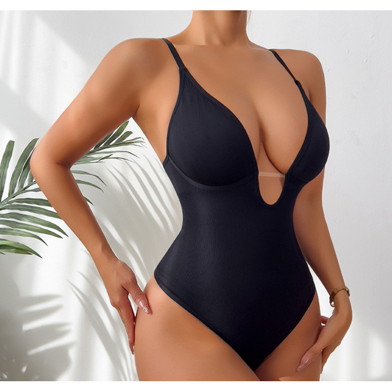 Women's T-Shaped Bodysuit Hot Selling Deep V-Neck Jumpsuit Wholesale Silk One Piece Shapewear Everyday Style Firm Size 3XL