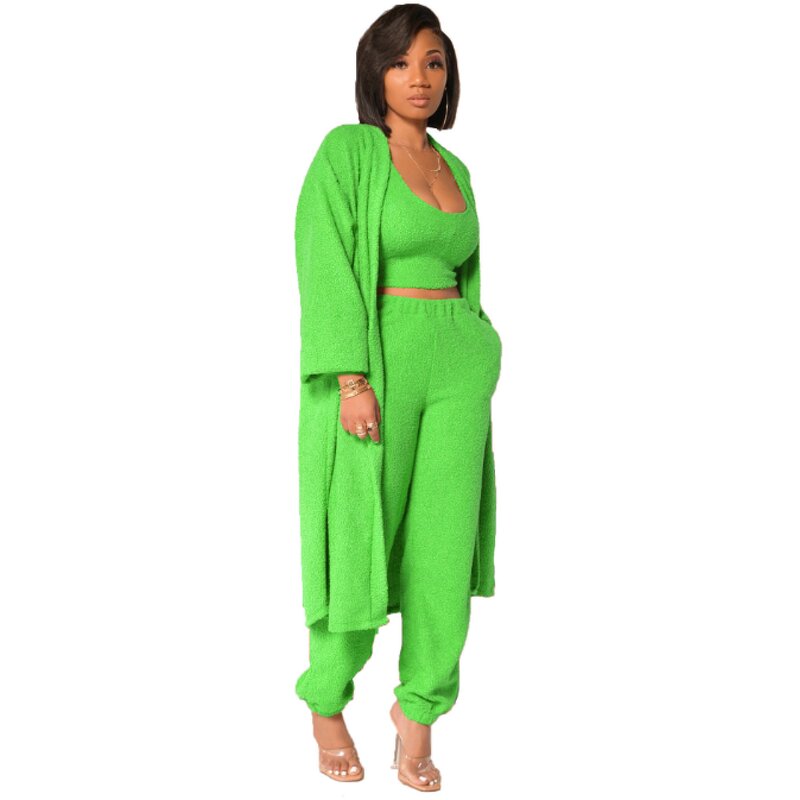 Women's Fuzzy 3 Piece Lounge Sets Sweatsuits Open Front Cardigan Crop Tank Tops Wide Legs Pants Outfits