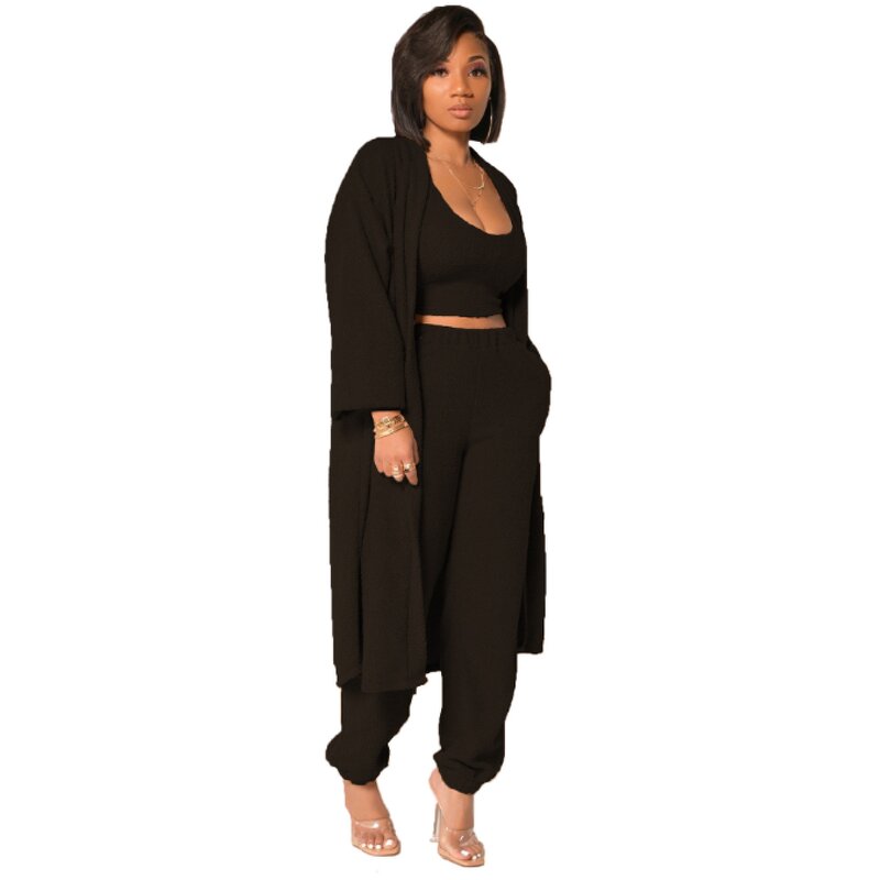 Women's Fuzzy 3 Piece Lounge Sets Sweatsuits Open Front Cardigan Crop Tank Tops Wide Legs Pants Outfits