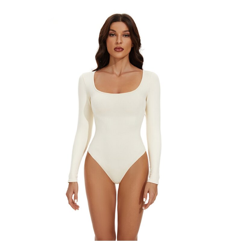 Women Long Sleeve Bodysuit  Square Neck Body Suit Tops Snap Closure Soft