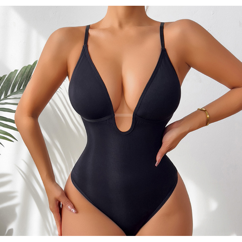 Women's T-Shaped Bodysuit Hot Selling Deep V-Neck Jumpsuit Wholesale Silk One Piece Shapewear Everyday Style Firm Size 3XL