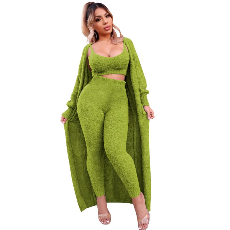 Women 3 Piece Lounge Set Scoop Neck Crop Tops High Waist Pants Open Front Cardigan Outfit Set
