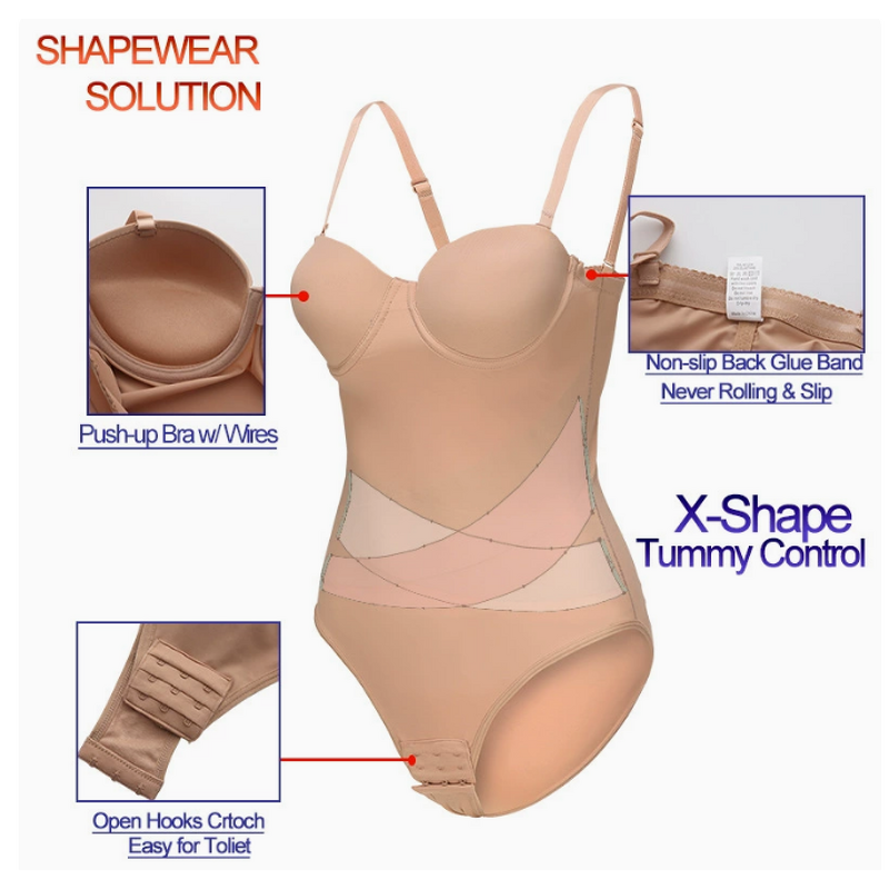 Women's Shapewear Bodysuit with Built-In 4 Steel Nylon Bra Silk Material Seamless and Breathable Design