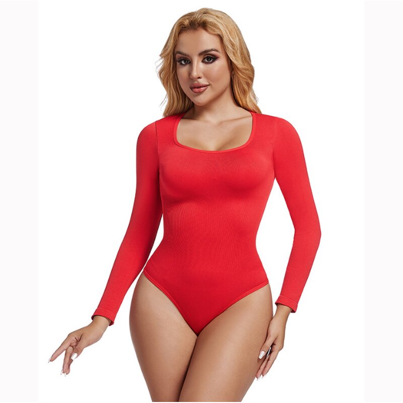 Women Long Sleeve Bodysuit  Square Neck Body Suit Tops Snap Closure Soft