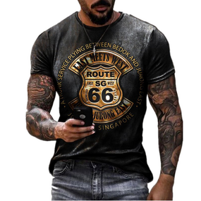 Drop Shipping Fashion Route 66 Printed Men Summer Short Sleeve Sublimation T Shirts Blank Casual 3d T Shirt