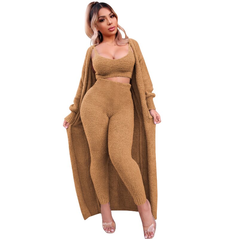 Women 3 Piece Lounge Set Scoop Neck Crop Tops High Waist Pants Open Front Cardigan Outfit Set