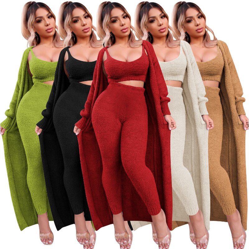 Women 3 Piece Lounge Set Scoop Neck Crop Tops High Waist Pants Open Front Cardigan Outfit Set