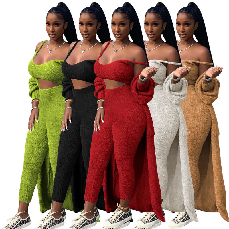 Women 3 Piece Lounge Set Scoop Neck Crop Tops High Waist Pants Open Front Cardigan Outfit Set