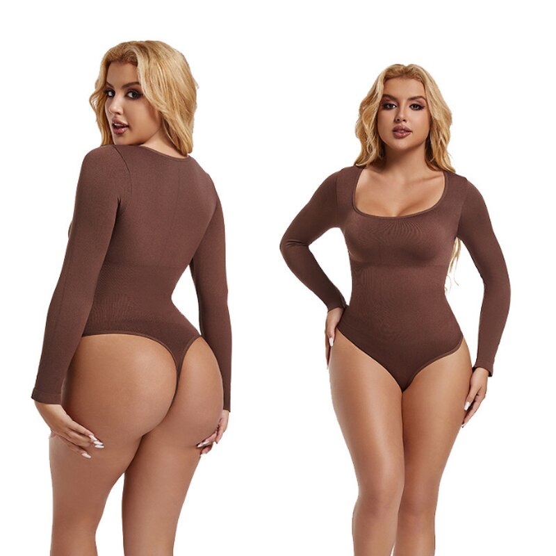 Women Long Sleeve Bodysuit  Square Neck Body Suit Tops Snap Closure Soft