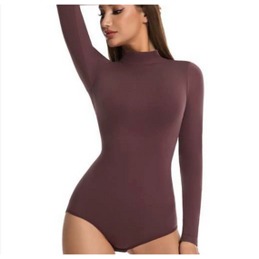 Women's Lightweight High Neck Long Sleeved Bodysuit Casual Solid Elastic Top Summer Skinny Knitting Clothes Cross Border Washed