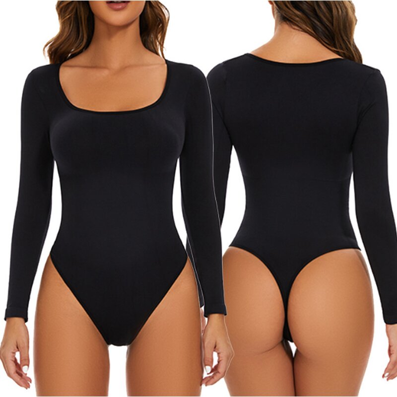 Women Long Sleeve Bodysuit  Square Neck Body Suit Tops Snap Closure Soft