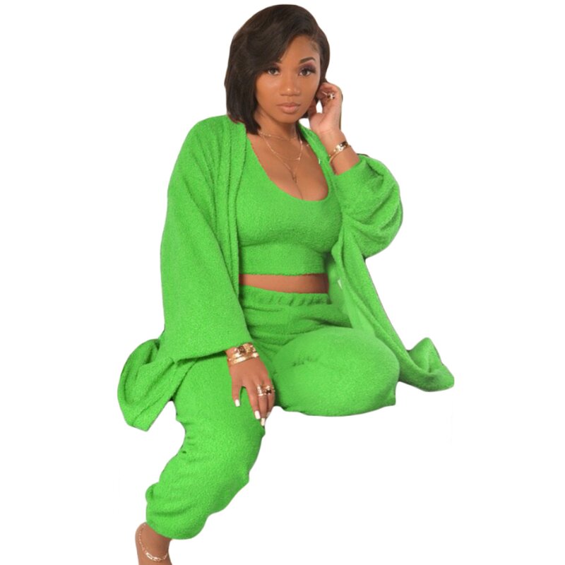 Women's Fuzzy 3 Piece Lounge Sets Sweatsuits Open Front Cardigan Crop Tank Tops Wide Legs Pants Outfits