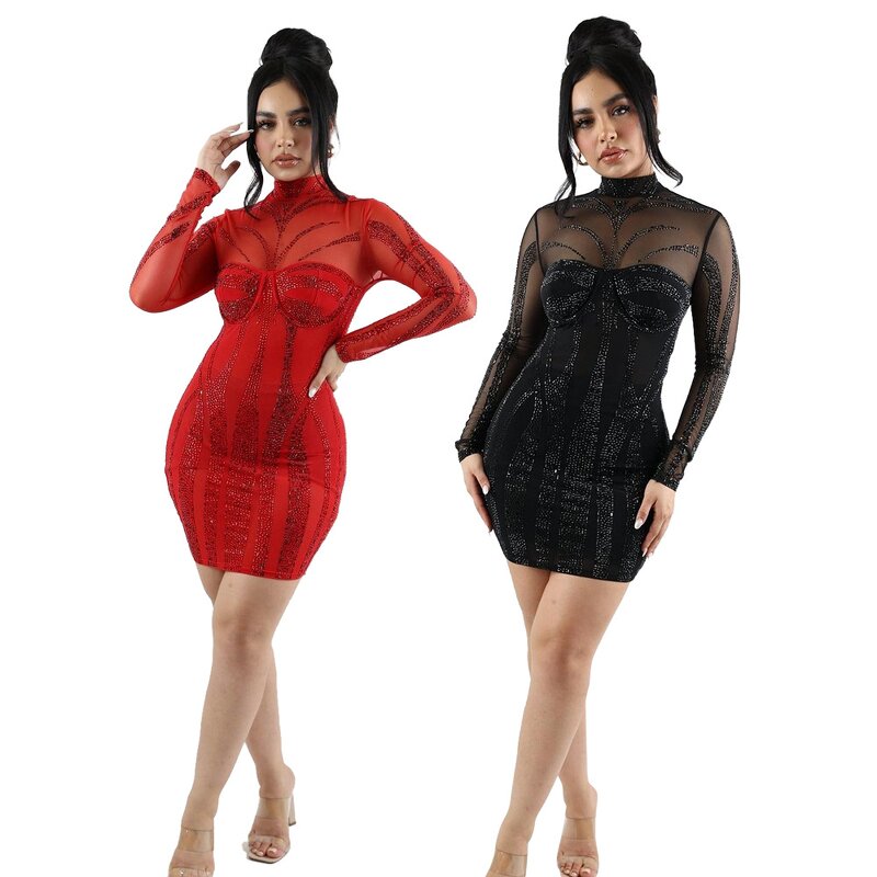 Party Dress Manufacturer - Custom Red Slim-fit Hip Wrap Rhinestone Mesh Dress