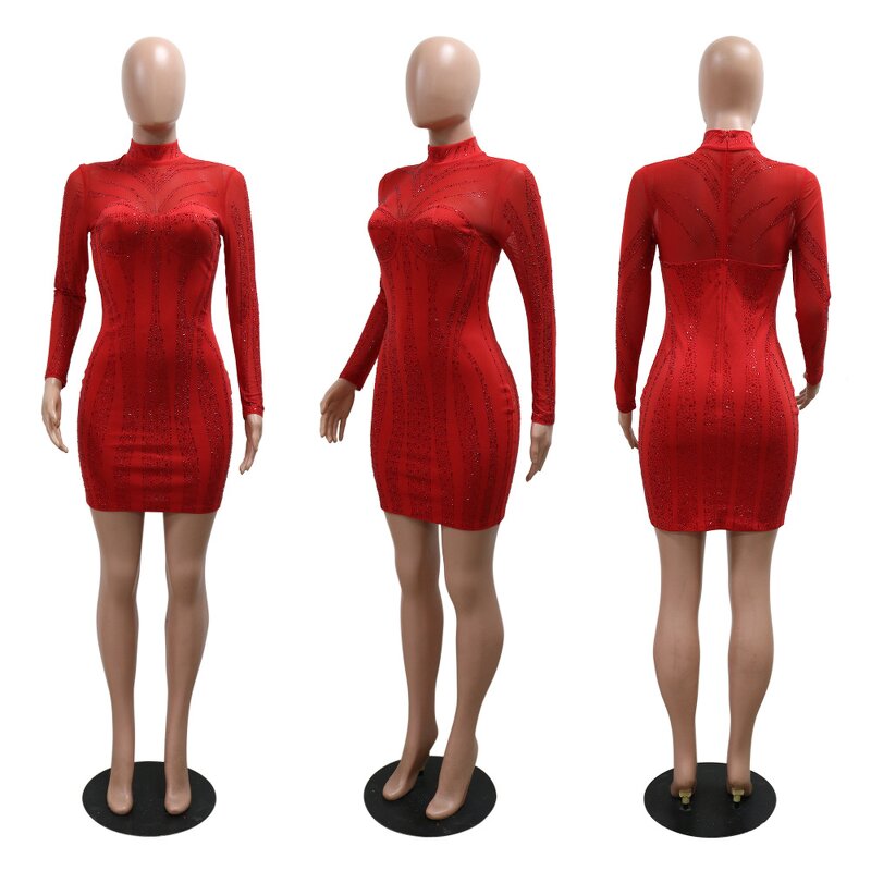 Party Dress Manufacturer - Custom Red Slim-fit Hip Wrap Rhinestone Mesh Dress