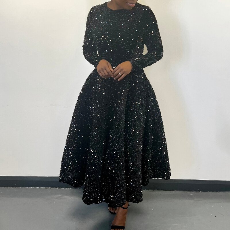 Sequin Dress Manufacturer - Custom Fit and Flare Long Sleeve Royal Blue Dress