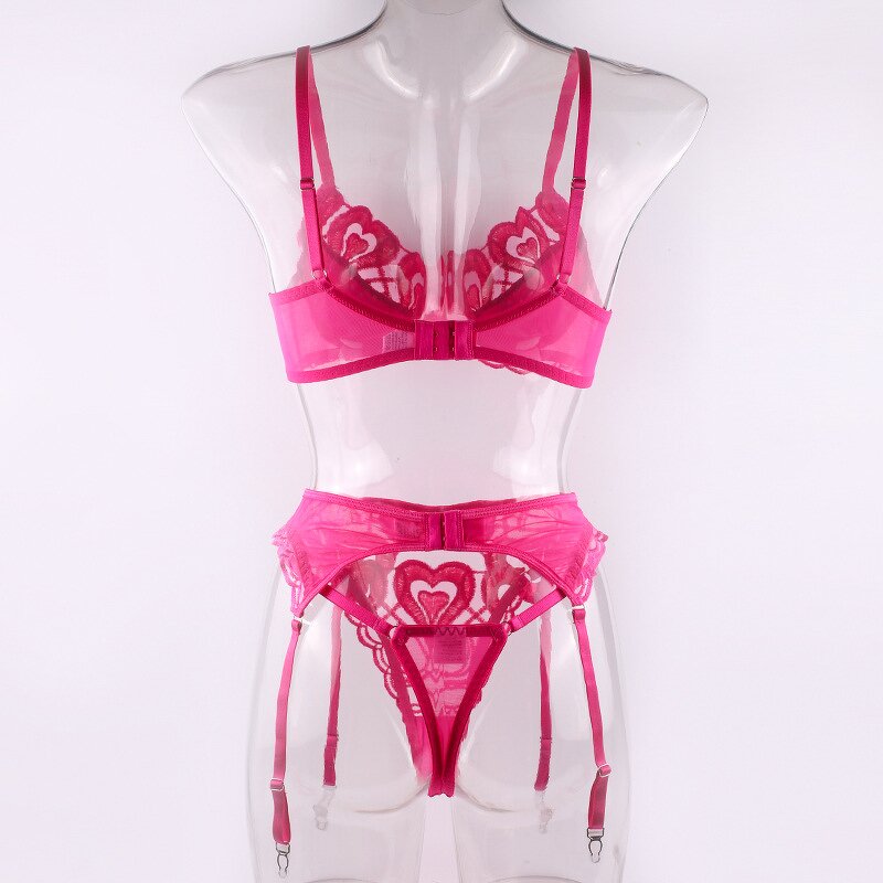 Lingerie Set Manufacturer - Custom 3 Piece Embroidery Valentine Lingerie Set