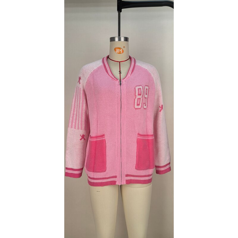 Cardigan Sweater Manufacturer - Baseball Style Zipper Pink Loose Casual Sweater