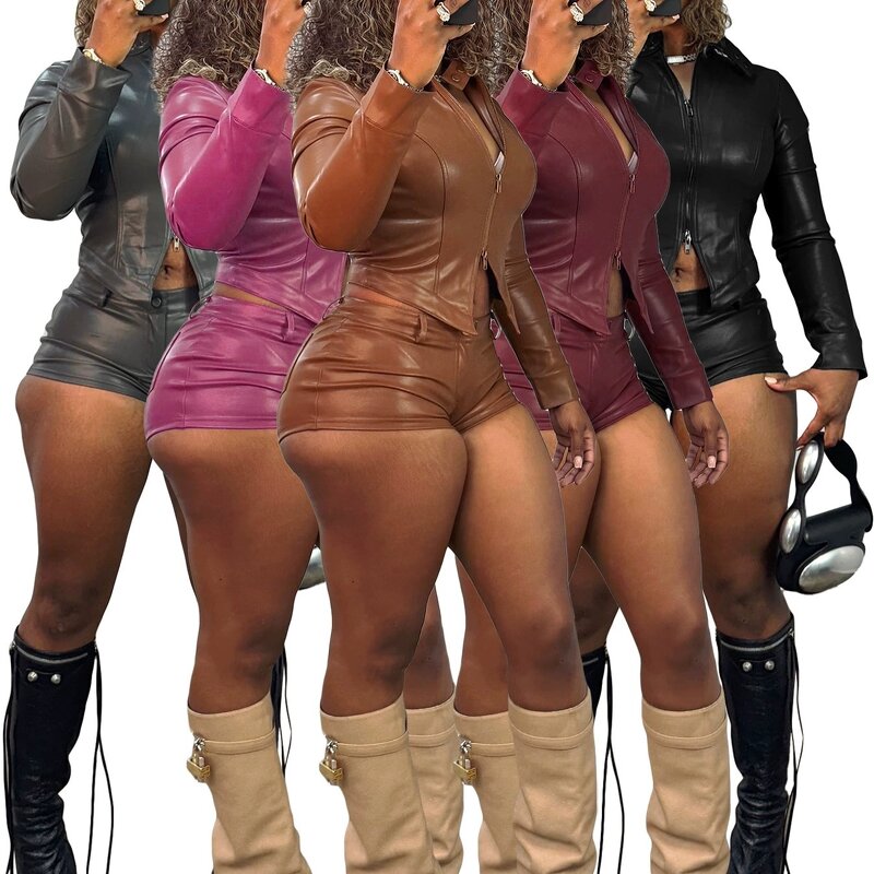 Women Two-Piece Set Manufacturer - 2025 New PU Leather Collar Shorts Set