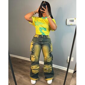 Women Jeans Manufacturer - Custom Tie Dyed Multi-pocket High Waist Cargo Jeans