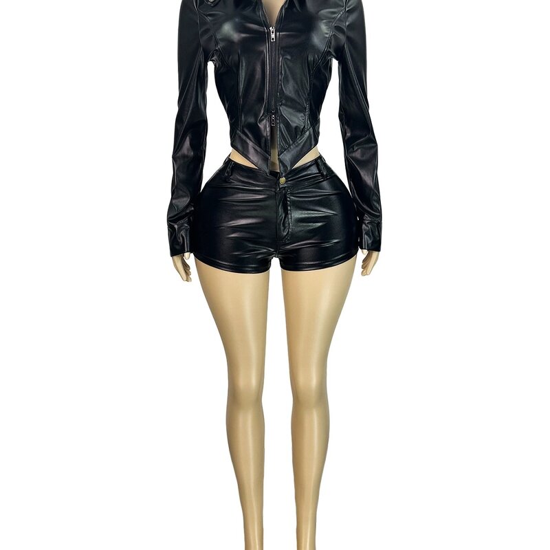 Women Two-Piece Set Manufacturer - 2025 New PU Leather Collar Shorts Set