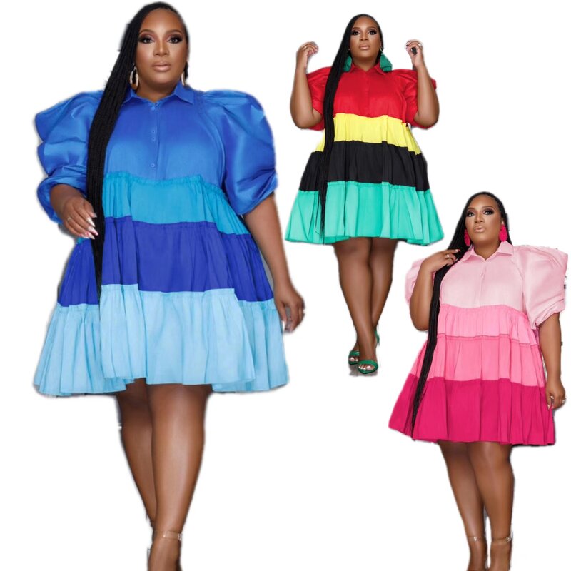 Plus Size Dress Manufacturer - Wholesale Patchwork Bubble Sleeve Tshirt Dress