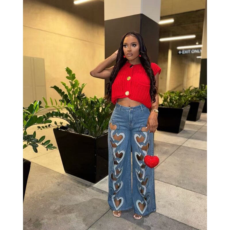 Women Pants Manufacturer - Custom Heart Cutout Washed Loose Wide Leg Jeans