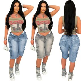 Women Shorts Manufacturer - Custom Loose Fifth Denim Cargo Pocket Shorts