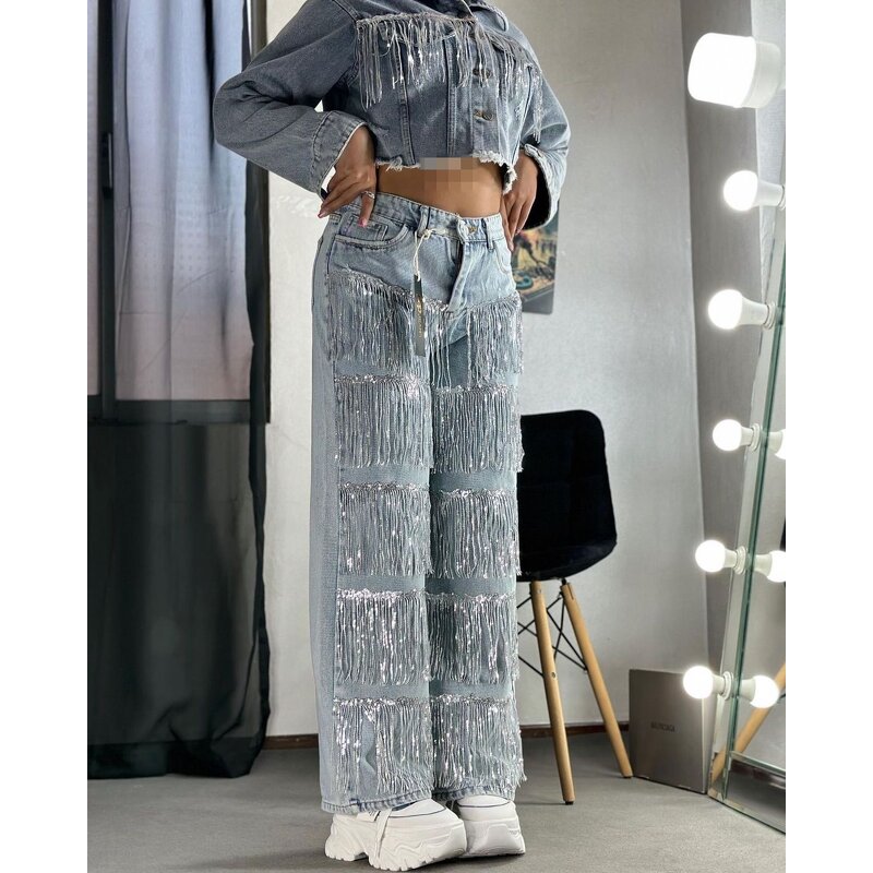 Women Jeans Manufacturer - Custom Glitter Tassel Fringe Streetwear Jeans