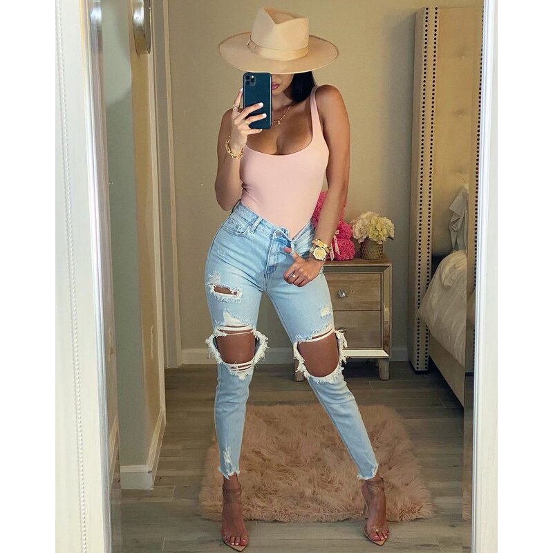 Women Jeans Manufacturer - OEM Design Ripped Elastic Destroyed Skinny Jeans