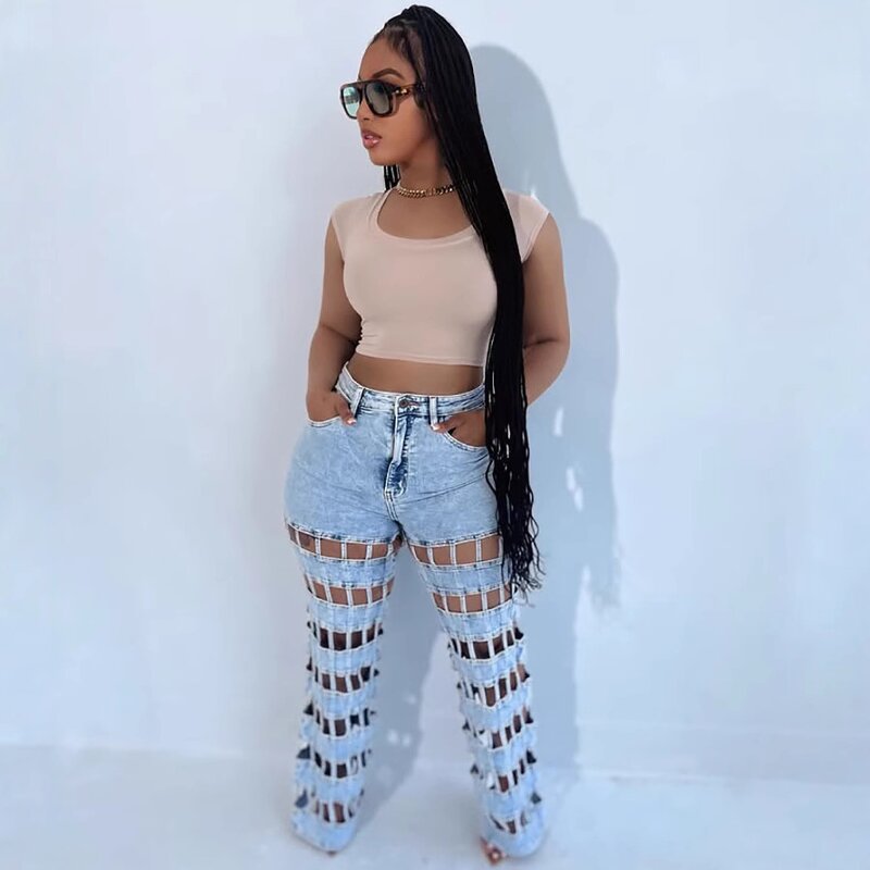 Women Jeans Manufacturer - Wholesale Hollow Out Distressed Straight Leg Jeans