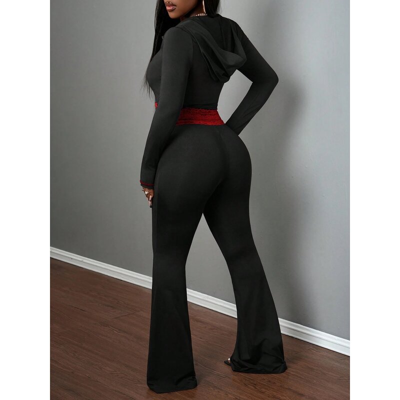 Women Knit Set Manufacturer - Custom Lace Patchwork Hooded Jacket Pants Set