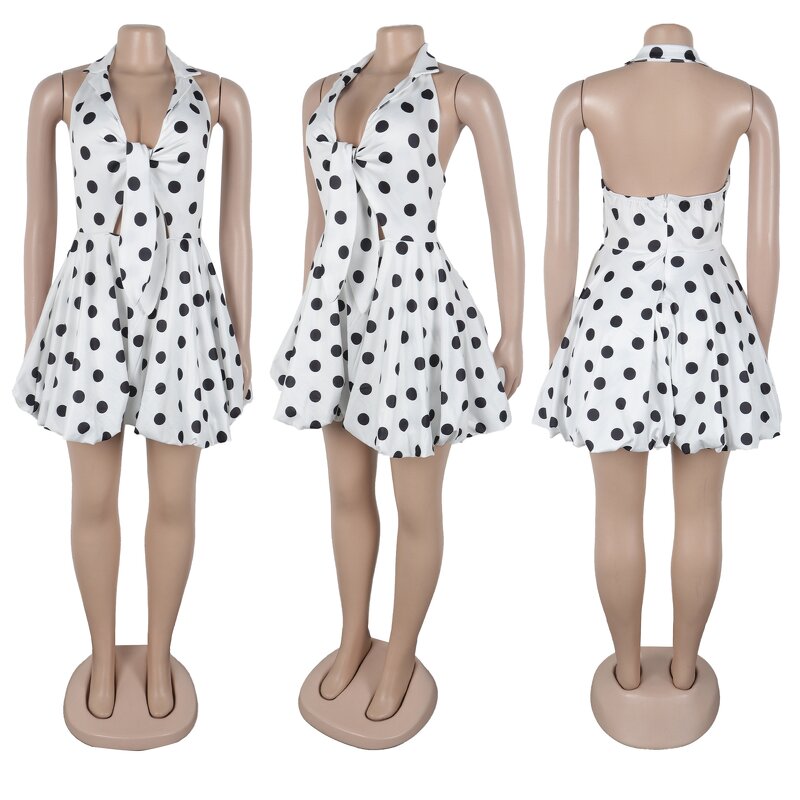 Mini Dress Manufacturer - Custom Cut Out Halter Neck Puffy Dot Dress