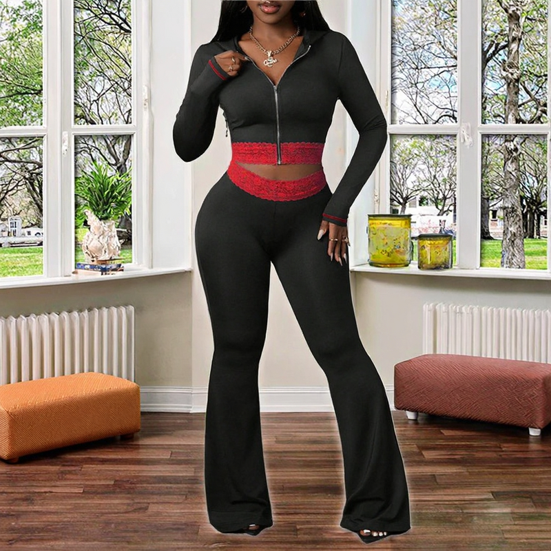 Women Knit Set Manufacturer - Custom Lace Patchwork Hooded Jacket Pants Set