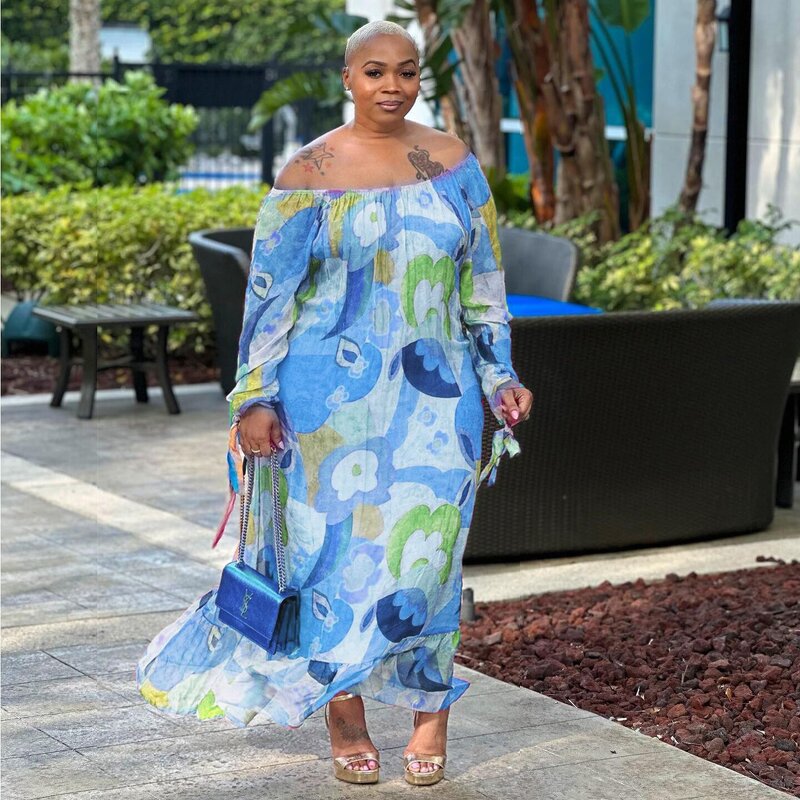 Plus Size Maxi Dress Manufacturer - Wholesale Off Shoulder Floral Long Sleeve Dress