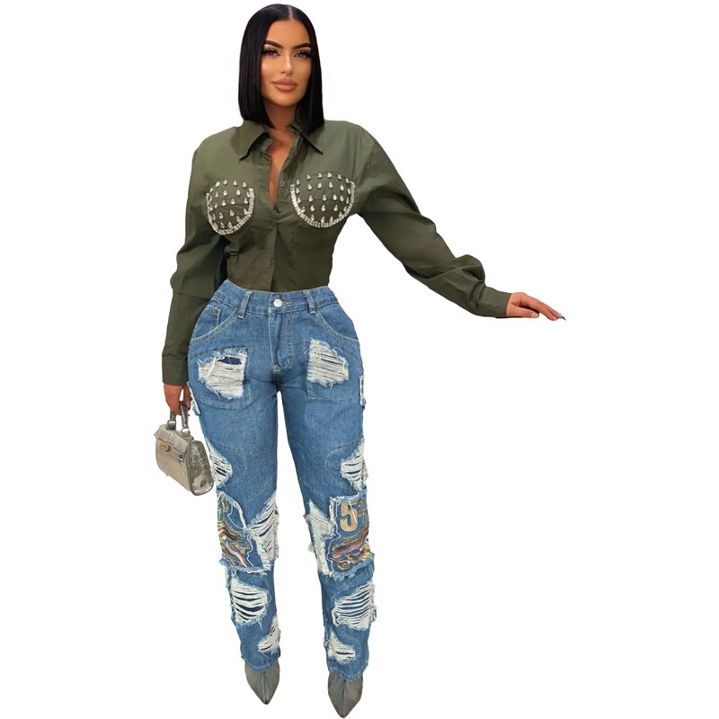 Women Jeans Manufacturer - Custom High Waist Vintage Broken Hollow Out Jeans